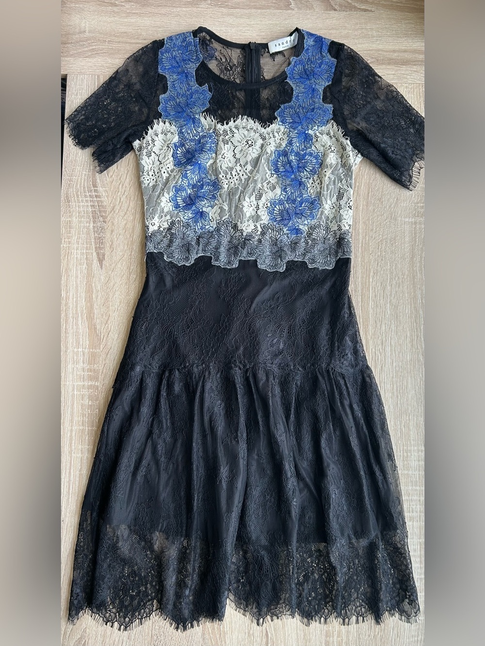 Sandro Paris Lace Floral-Accent Mini Dress Black White Blue 4 S Small